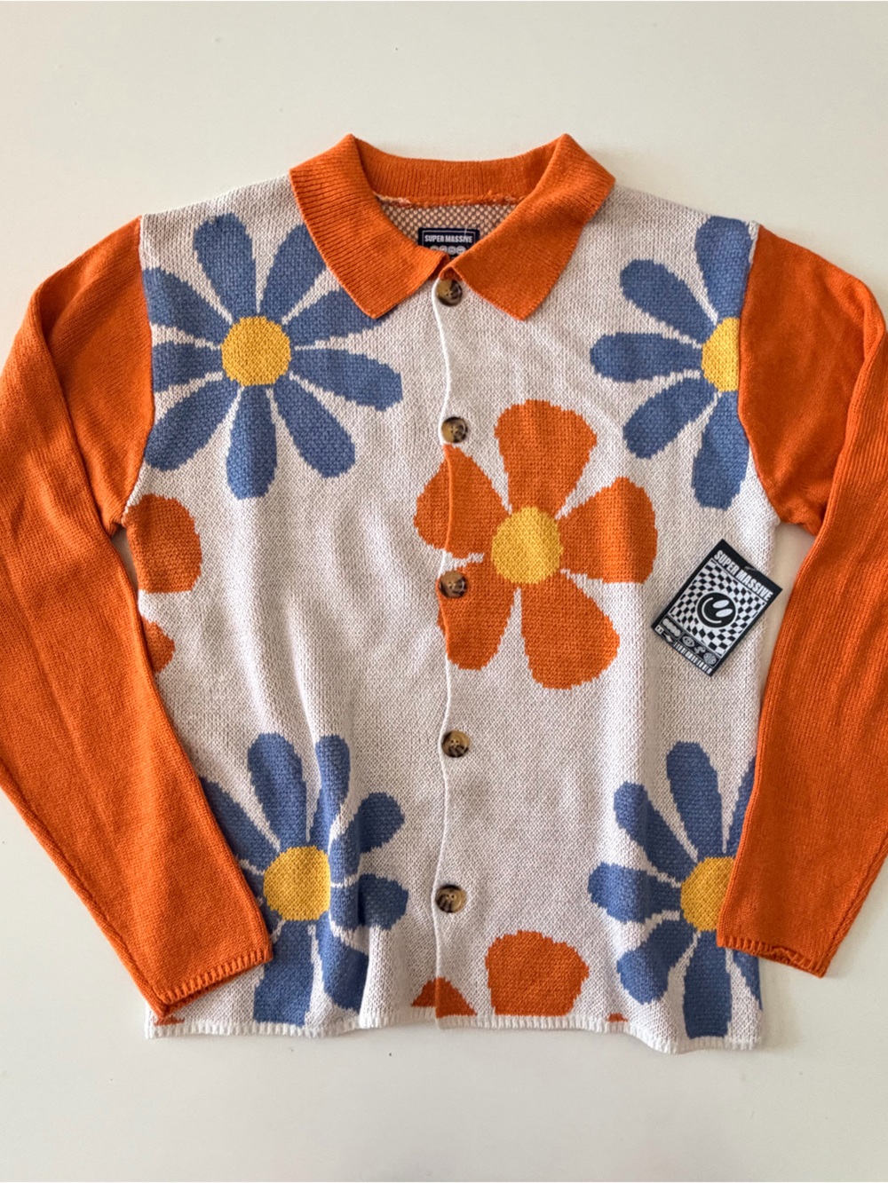Knit Floral Cardigan Polo Shirt - Orange & Blue